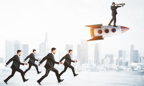 Preview: Businessmen Following Leader On Rocket On City Background. Leadership And Team Concept