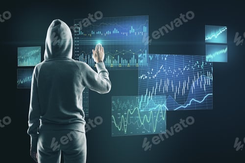 Preview: Hacker Using On Glowing Stock Chart On Dark Background. Hacking And Cyber Attack Concept.