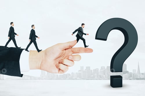 Preview: Businessmen Running Towards Question Mark. Confusion And Teamwork Concept