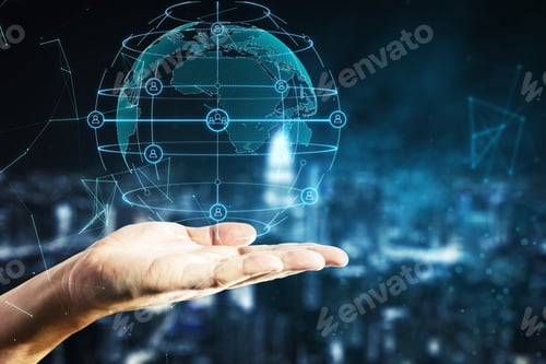 Preview: Hand Holding Global Social Network Interface And Glowing World Map. Global Business And Media