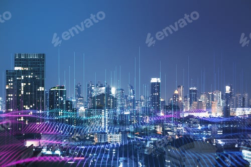 Preview: Abstract Digital Wave On Blurry Night City Background. Technology And Science Concept. Double