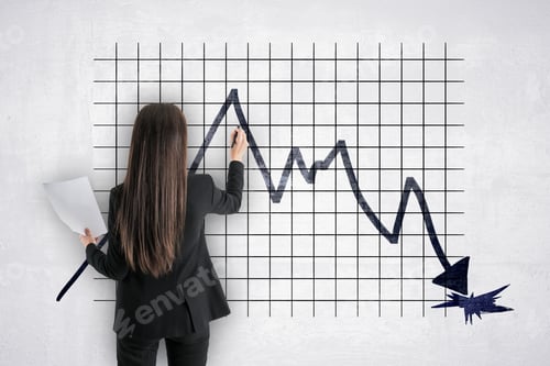 Preview: Back View Of Businesswoman Drawing Abstract Downward Falling Into Hole Business Chart Arrow Sketch