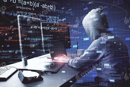 Preview: Hacker Using Computer With Abstract Big Data Mathematical Formulas Hologram. Technology And