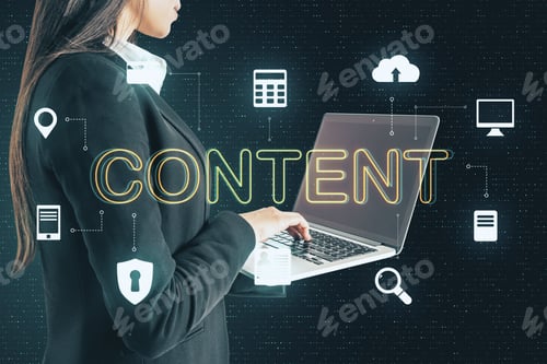 Preview: Businesswoman Using Laptop With Creative Glowing Content Text. Business And Technology Concept.