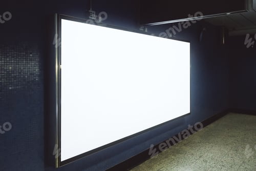 Preview: Side View Of Empty White Underground Billboard On Tile Wall. Advertisement And Commercial Concept