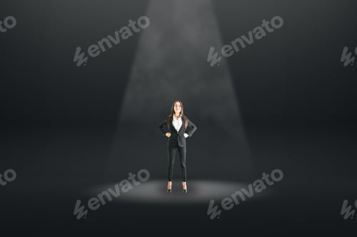 Preview: Happy Businesswoman Standing Under Spotlight On Black Background. Best Employee Concept