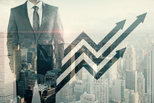 Preview: Unrecognizable Businessman Standing On Abstract City Background With Digital Arrows. Growth And