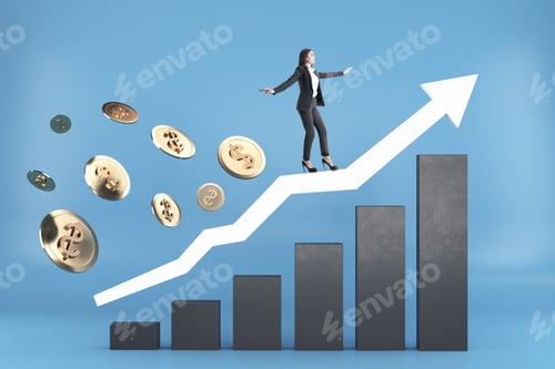 Preview: Businesswoman Walking On Red Arrow With Stock Chart And Golden Dollar Coins. Success And Startup