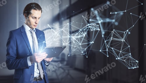 Preview: Attractive Young European Businessman Using Tablet With Abstract Polygonal Network Mesh Hologram On