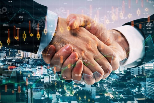Preview: Close Up Of Businessmen Handshake On Blurry City Background With Forex Chart Grid. Teamwork And