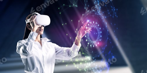Preview: Attractive Young Caucasian Businesswoman With Vr Glasses Using Abstract Polygonal Sphere On Blurry
