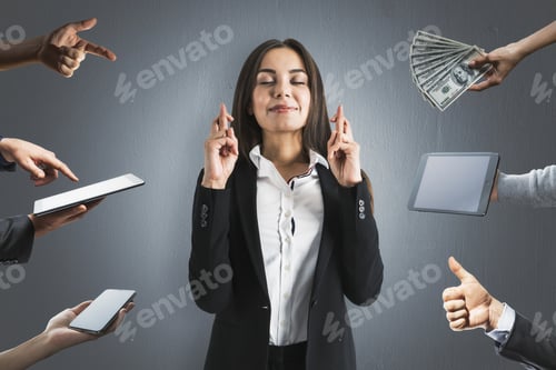 Preview: Abstract Image Of Attractive Young European Businesswoman With Crossed Fingers Surrounded With