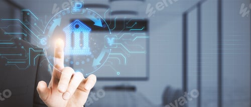 Preview: Close Up Of Businessman Hand Pointing At Abstract Online Banking Hologram On Blurry Office