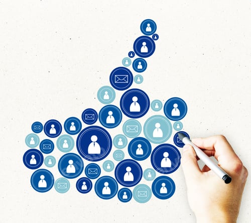 Preview: Blue Hand Drawn People Icons Like Thumbs Up On Light Backdrop. Success And Social Network Concept