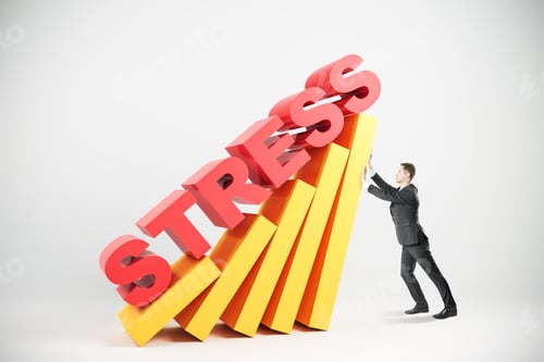 Preview: Young Businessman Fighting Stress On Abstract Light Background With Colorful Books. Stressful