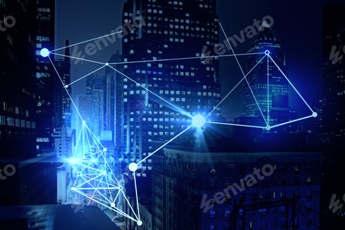 Preview: Abstract Connected Dots On Blue City Background. Technology Concept