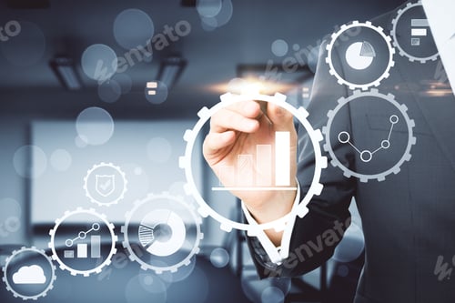 Preview: Businessman Pointing At Creative Business Interface On Blurry Office Interior Background