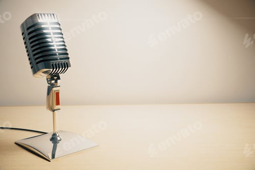 Preview: Vintage Microphone On White Wooden Table 3D Render
