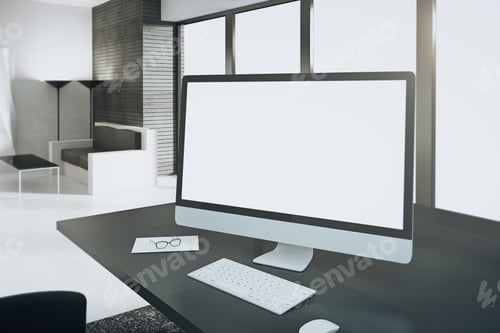 Preview: Blank White Computer Screen On Wooden Table In Modern Office, Mock Up 3D Render