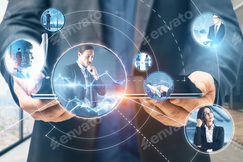 Preview: Close Up Of Businessman Hands Holding Pad With Abstract Glowing Communication And Connections