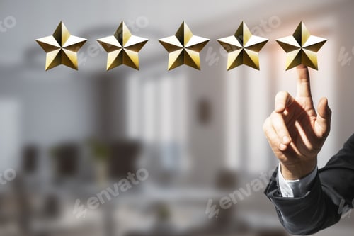 Preview: Customer Experience And Service Rating Concept With Businessman Touching Digital Five Golden Star