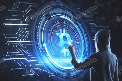Preview: Hacker Using Abstract Bitcoin Interface. Hacking And Cryptocurrency Concept