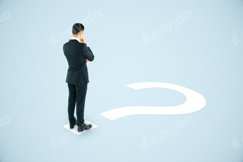 Preview: Thoughtful Businessman With Question Mark On Blue Background. Research Concept