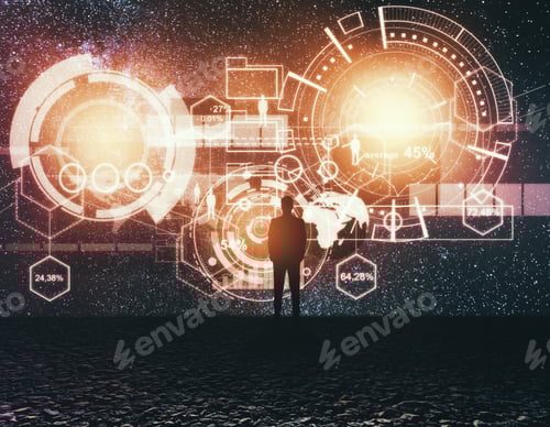 Preview: Back View Of Young Businessman Looking At Starry Sky With Abstract Business Hologram. Technology