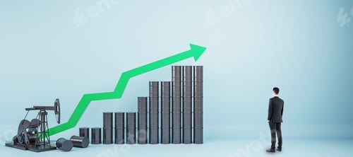 Preview: Businessman Looking At Oil Pump And Barrels With Rising Green Arrow On White Background. Growth And