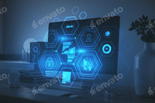 Preview: Close Up Of Office Workplace With Computer Monitor And Creative Business Chart Hologram On Blurry