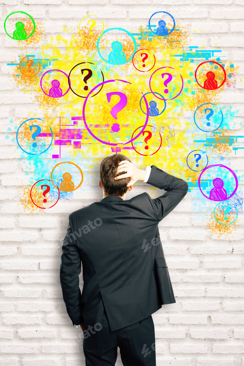 Preview: Back View Of Stressed Businessman On Brick Background With Colorful Drawn Question Marks And Hr