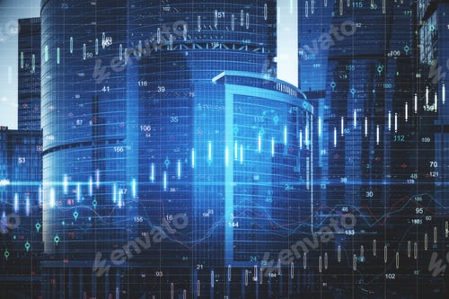Preview: Forex Charts Hologram On Modern Building Background. Business Trading Concept. Double Exposure