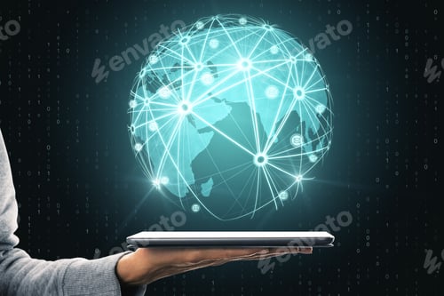 Preview: Close Up Of Hand Holding Smartphone With Glowing Globe And Connections. Communication And Icons