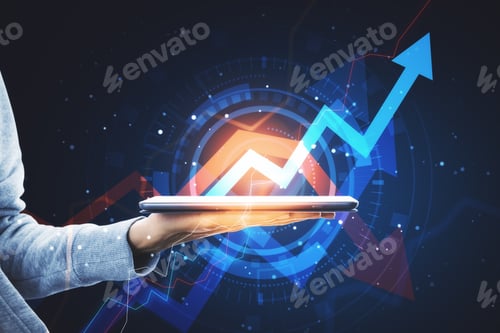 Preview: Close Up Of Hand Holding Smartphone With Glowing Arrows. Growth And Network Concept. Double Exposure