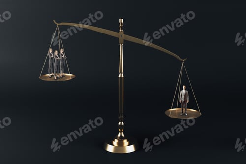 Preview: Businesspeople Standing On Scales On Black Background. Equality And Teamwork Concept.