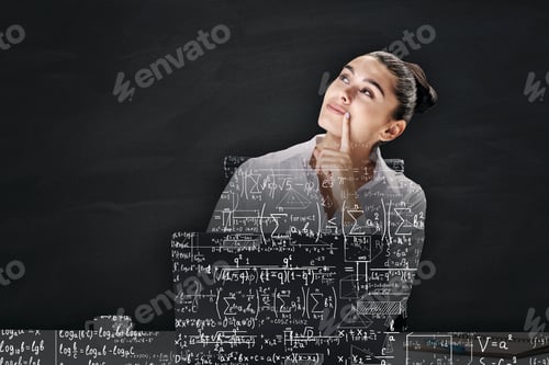 Preview: Abstract Attractive Thoughtful European Businesswoman With Laptop Outline Filled With Mathematical