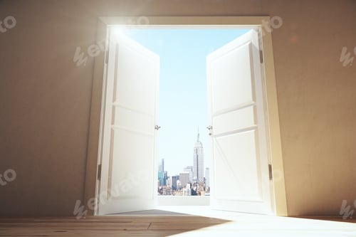 Preview: Open Doors From Empty Room To Megapolis City With Skyscrapers