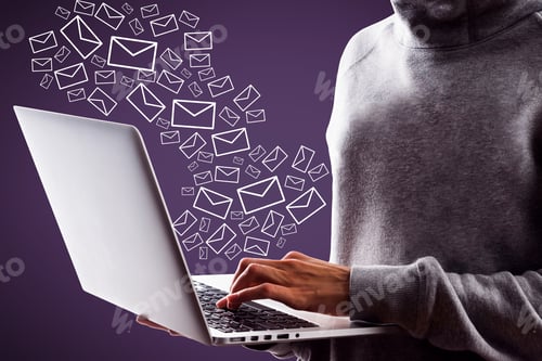 Preview: Close Up Of Hacker Hand Using Laptop With Creative Drawn Email Icons On Purple Background