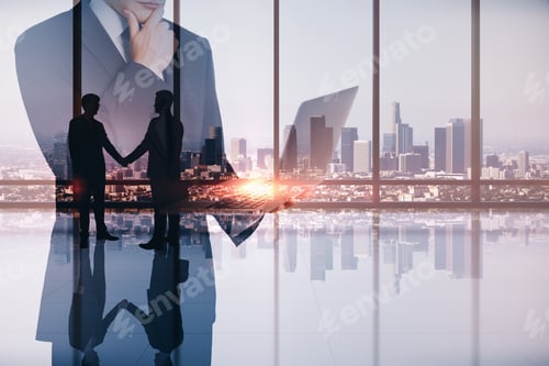 Preview: Abstract Image Of Businessman Using Laptop In Modern Office Interior With Panoramic City View