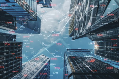 Preview: Creative City Background With Forex Chart And Numbers. Trade And Invest Concept. Double Exposure