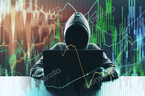 Preview: Hacker At Desktop Using Laptop With Forex Chart On Blurry Office Background. Malware And Trade