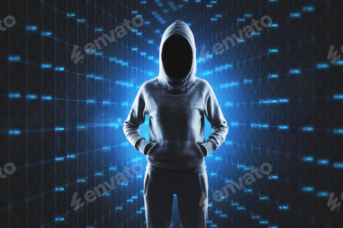 Preview: Hacker Standing On Abstract Glowing Blue Cyber Big Data Background. Technology, Theft And