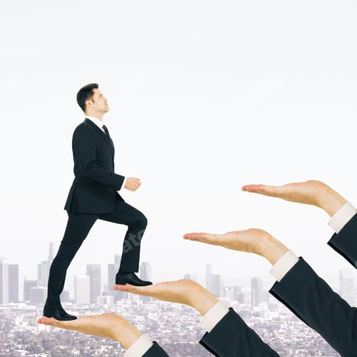Preview: Businessman Climbing Hand Ladder On White City Background. Career Development And Rise Concept