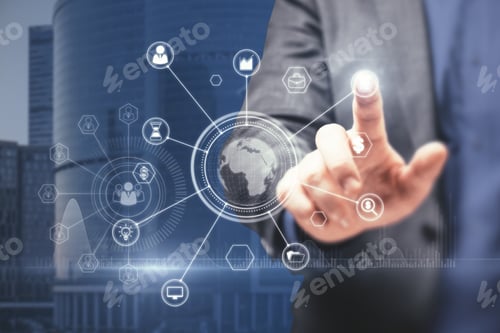 Preview: Close Up Of Businessman Hand Pointing At Abstract Glowing Business Data And Earth Hologram On