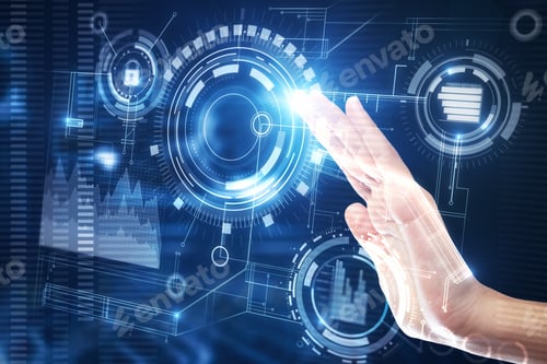 Preview: Hand With Digital Business Interface. Innovation And Finance Concept. Double Exposure