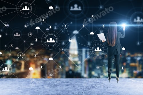 Preview: Businesswoman Standing On Roof And Using Social Network Hologram. Human Resource Interface Concept