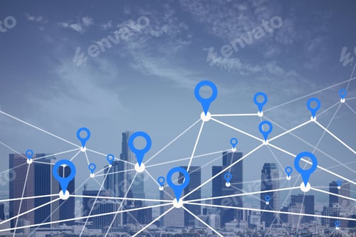 Preview: Dull Dawn City And Sky Background With Digital Map Pointer Connections. Smart City, Gps And