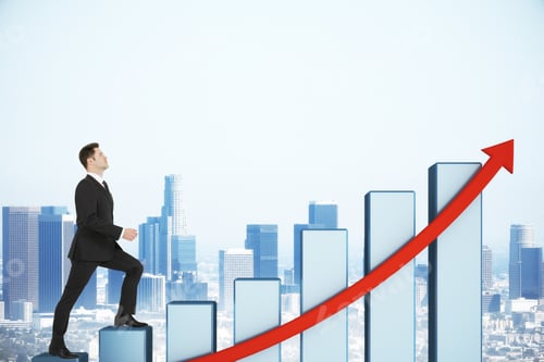 Preview: Businessman Rises On Stock Chart With Red Arrow On City Background. Success And Startup Concept.
