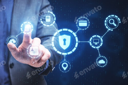 Preview: Businesswoman Using Digital Antivirus Interface. Hacking And Cyber Attack Concept. Close Up