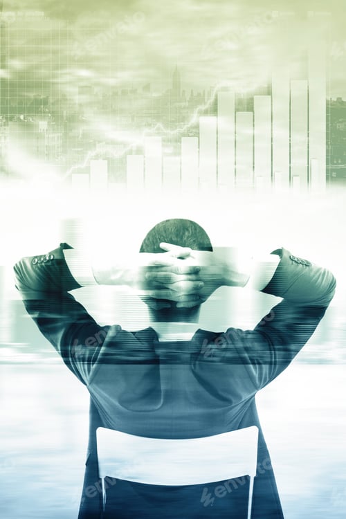 Preview: Back View Of Relaxing Businessman Looking At Abstract City Background With Business Charts